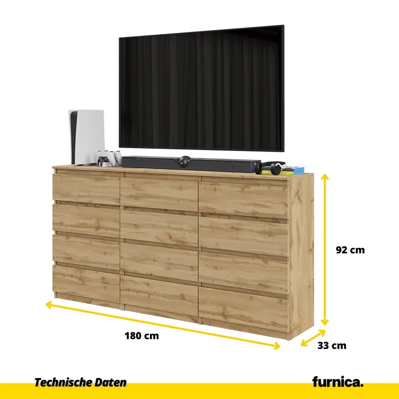 GABRIEL - Kommode / Sideboard mit 12 Schubladen (8+4) - Wotan Eiche H92cm B180cm T33cm