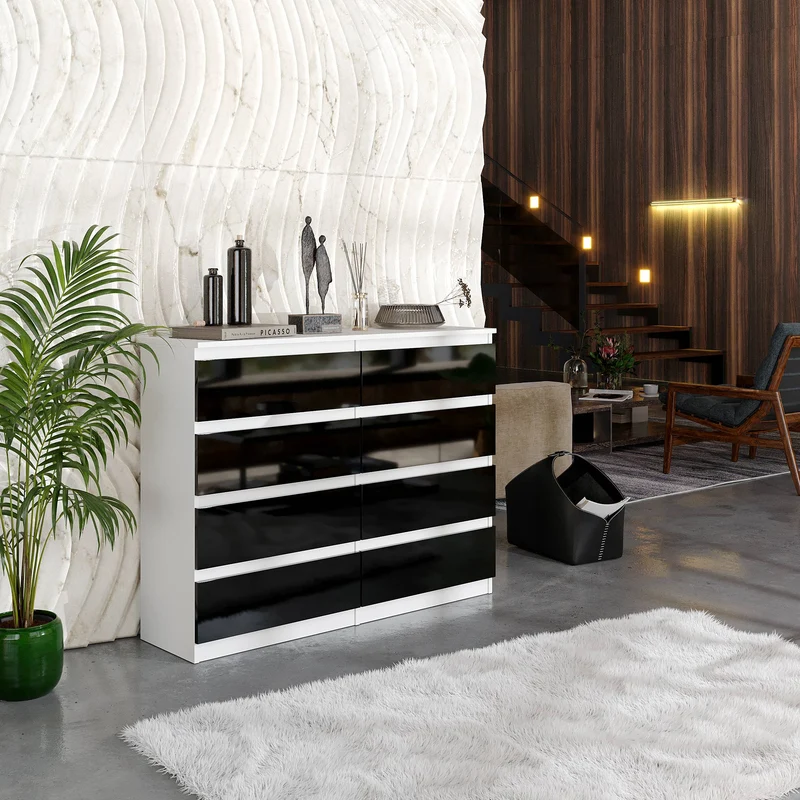 GABRIEL - Kommode / Sideboard mit 8 Schubladen - Weiß Matt / Schwarz Gloss H92cm W120cm D33cm