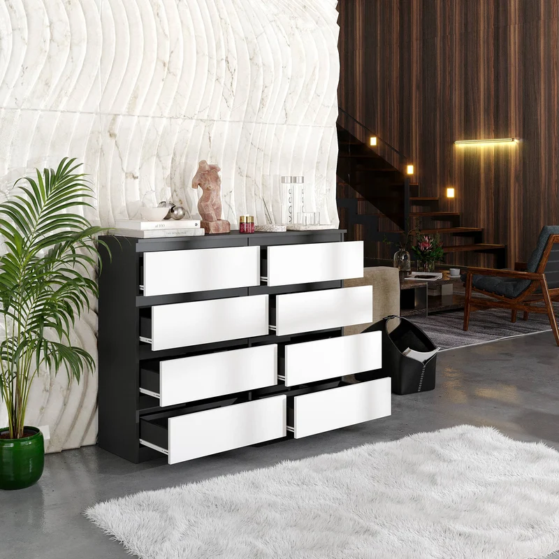 GABRIEL - Kommode / Sideboard mit 8 Schubladen - Anthrazit / Weiß Matt H92cm B120cm T33cm