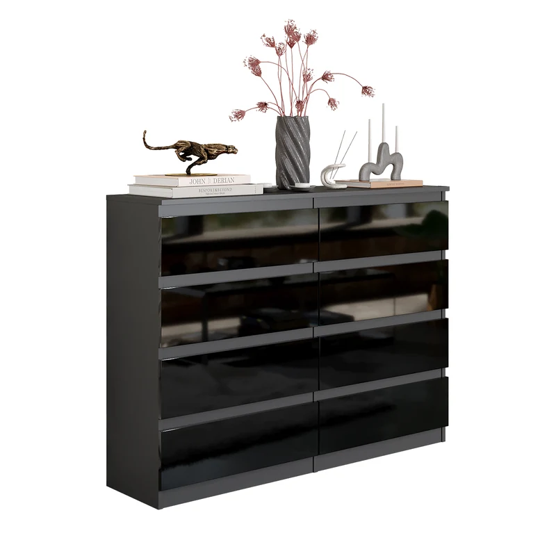 GABRIEL - Kommode / Sideboard mit 8 Schubladen - Anthrazit / Schwarz Gloss H92cm B120cm T33cm