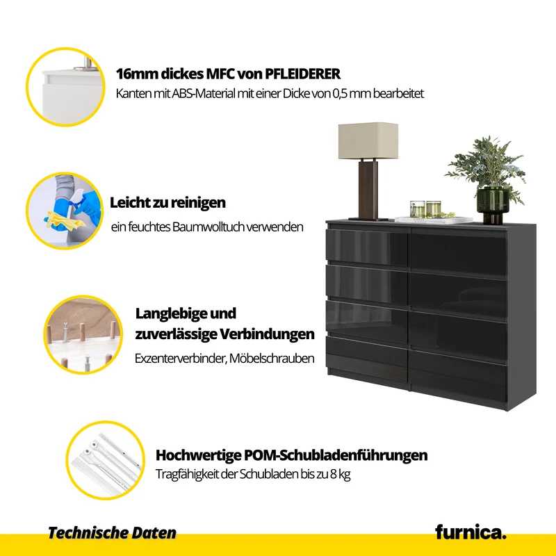 GABRIEL - Kommode / Sideboard mit 8 Schubladen - Anthrazit / Schwarz Gloss H92cm B120cm T33cm