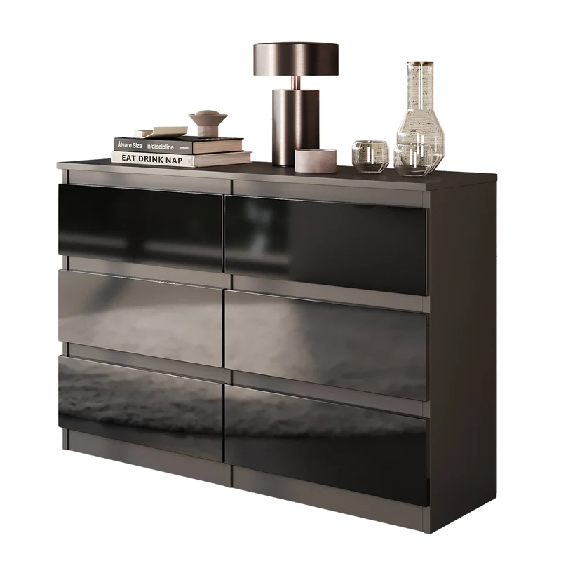 GABRIEL - Kommode / Sideboard mit 6 Schubladen - Anthrazit / Schwarz Gloss H71cm B100cm TD33cm