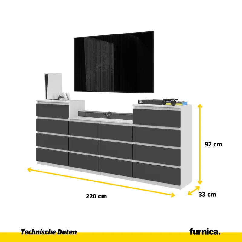 GABRIEL - Kommode / Sideboard mit 14 Schubladen (4+6+4) - Weiß Matt / Anthrazit H92/70cm B220cm T33cm