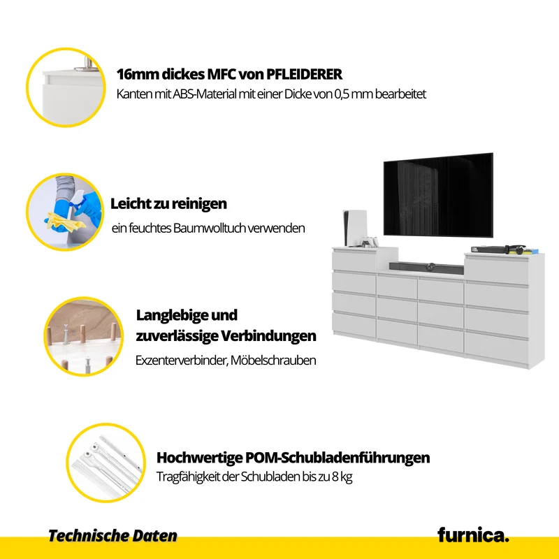 GABRIEL - Kommode / Sideboard mit 14 Schubladen (4+6+4) - Weiß Matt / Anthrazit H92/70cm B220cm T33cm