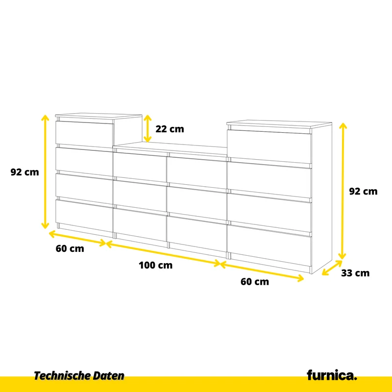 GABRIEL - Kommode / Sideboard mit 14 Schubladen (4+6+4) - Anthrazit / Weiß Gloss H92/70cm B220cm T33cm