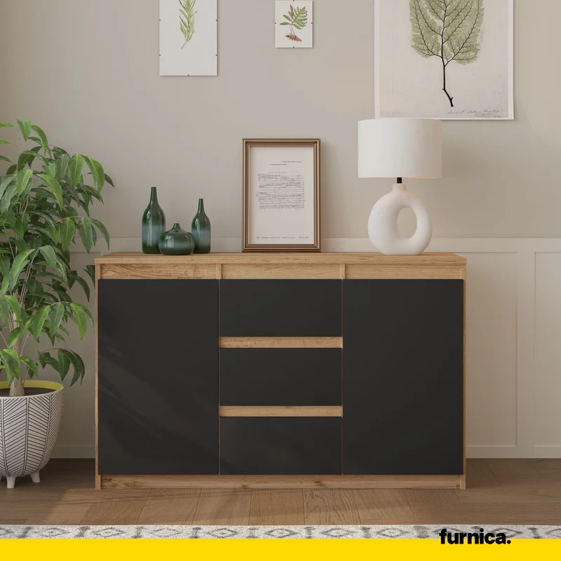 MIKEL - Kommode / Sideboard mit 3 Schubladen und 2 Türen - Wotan Eiche / Anthrazit Grau H75cm B120cm T35cm
