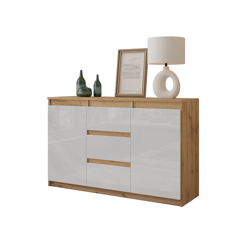 MIKEL - Kommode / Sideboard mit 3 Schubladen und 2 Türen - Wotan Eiche / Weiß Gloss H75cm B120cm T35cm