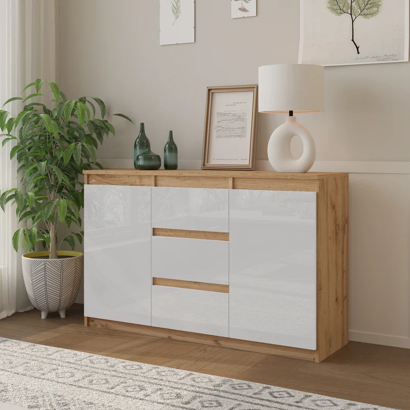 MIKEL - Kommode / Sideboard mit 3 Schubladen und 2 Türen - Wotan Eiche / Weiß Gloss H75cm B120cm T35cm