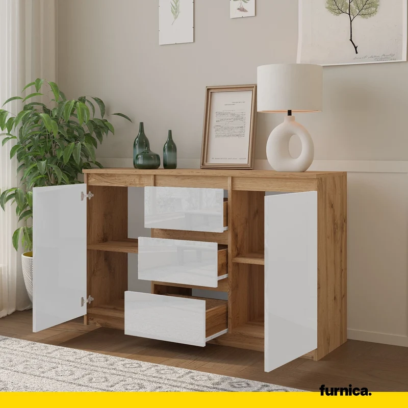 MIKEL - Kommode / Sideboard mit 3 Schubladen und 2 Türen - Wotan Eiche / Weiß Gloss H75cm B120cm T35cm