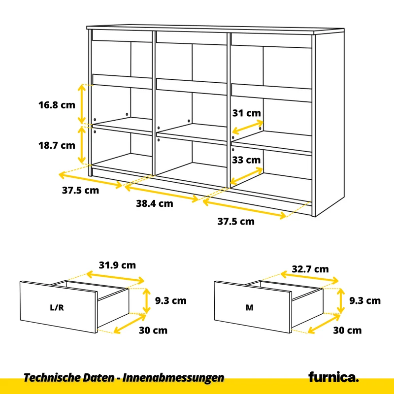 NOAH - Kommode / Sideboard mit 3 Schubladen und 3 Türen - Wotan Eiche / Anthrazit Grau H75cm B120cm T35cm