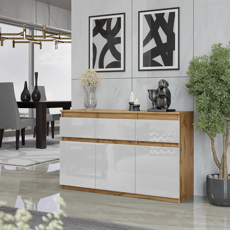 NOAH - Kommode / Sideboard mit 3 Schubladen und 3 Türen - Wotan Eiche / Weiß Gloss H75cm B120cm T35cm
