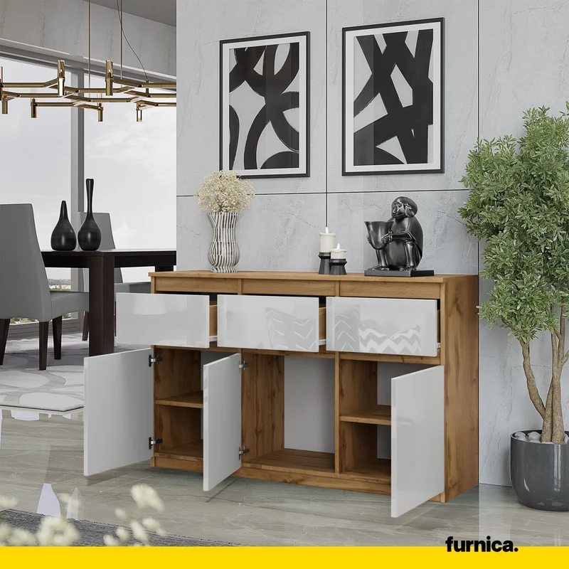 NOAH - Kommode / Sideboard mit 3 Schubladen und 3 Türen - Wotan Eiche / Weiß Gloss H75cm B120cm T35cm