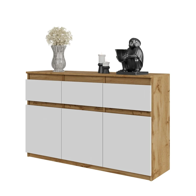 NOAH - Kommode / Sideboard mit 3 Schubladen und 3 Türen - Wotan Eiche / Weiß Matt H75cm B120cm T35cm