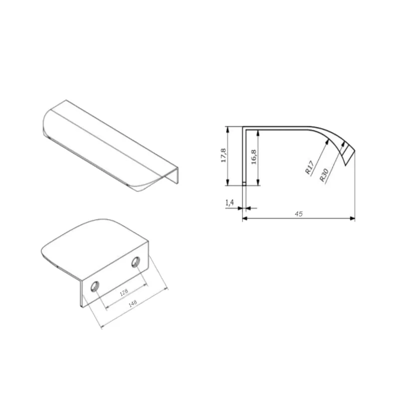Griffleiste Kantengriff Rund 32mm (52mm Gesamtlänge) - Schwarz Matt