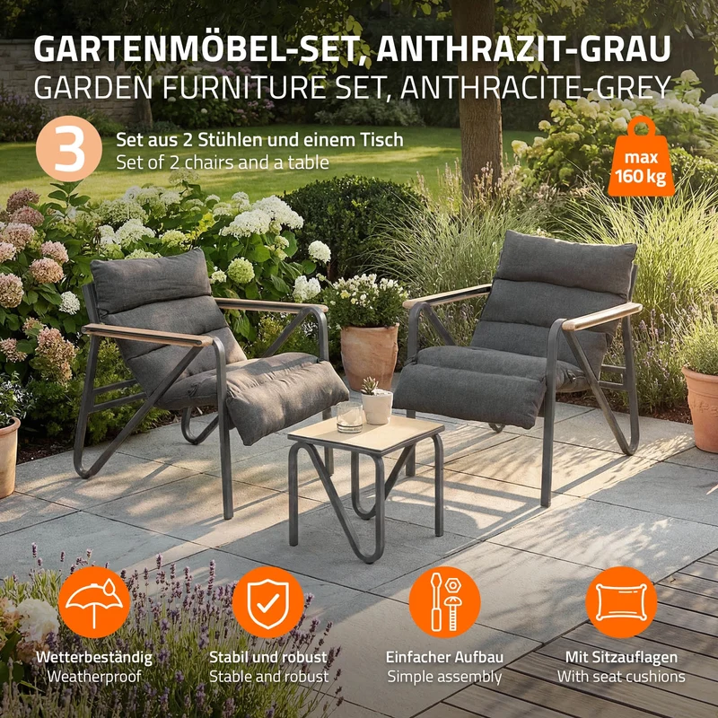 B-Ware Gartenmöbel Set 3 tlg Anthrazit-Grau Sitzgruppe mit 2 Stühlen, Tisch & Sitzkissen Stahlgestell wetterfest ML-Design