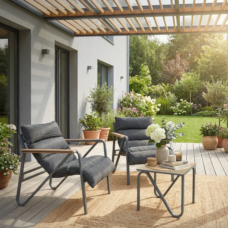 B-Ware Gartenmöbel Set 3 tlg Anthrazit-Grau Sitzgruppe mit 2 Stühlen, Tisch & Sitzkissen Stahlgestell wetterfest ML-Design