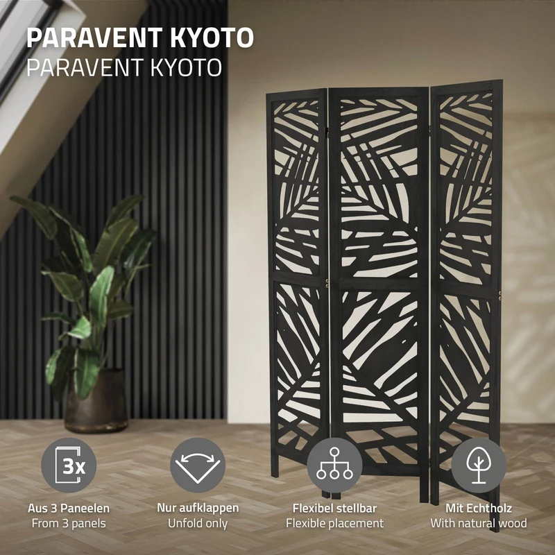 ML-Design | Paravent Kyoto 3 teilig aus Holz 170x121 cm, Schwarz, Raumteiler faltbar, Trennwand für innen