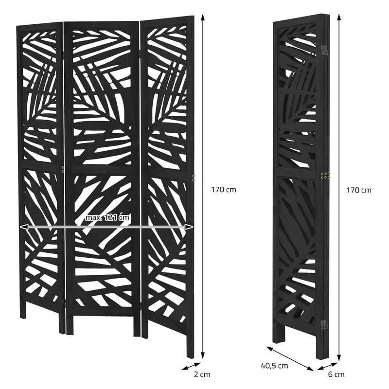 ML-Design | Paravent Kyoto 3 teilig aus Holz 170x121 cm, Schwarz, Raumteiler faltbar, Trennwand für innen