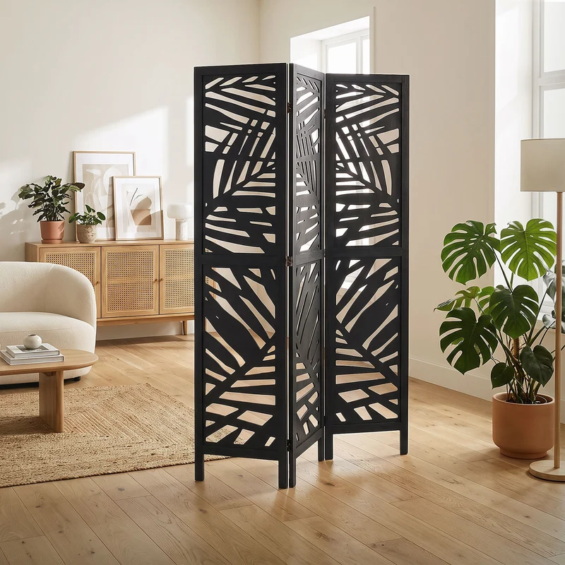 ML-Design | Paravent Kyoto 3 teilig aus Holz 170x121 cm, Schwarz, Raumteiler faltbar, Trennwand für innen