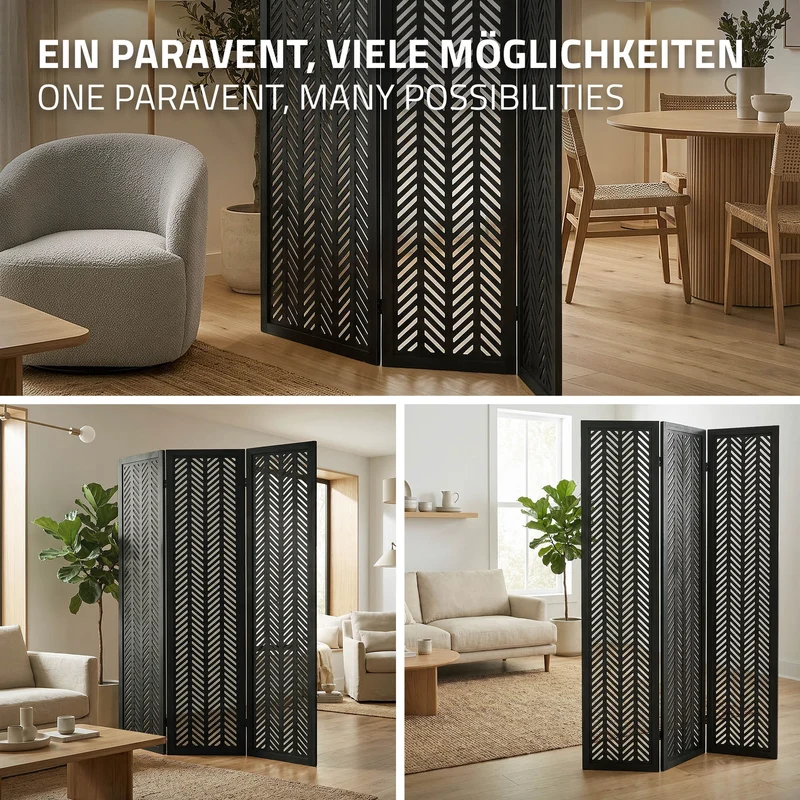ML-Design | Paravent Kobe 3 teilig aus Holz 170x121 cm, Schwarz, Raumteiler faltbar, Trennwand für innen