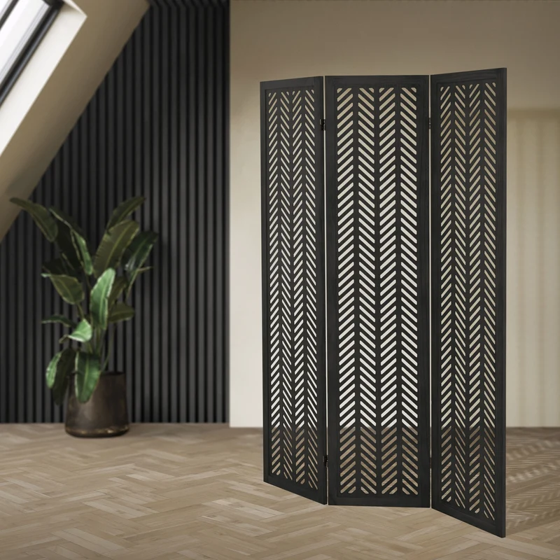 ML-Design | Paravent Kobe 3 teilig aus Holz 170x121 cm, Schwarz, Raumteiler faltbar, Trennwand für innen