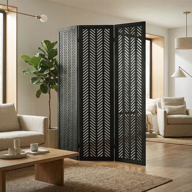 ML-Design | Paravent Kobe 3 teilig aus Holz 170x121 cm, Schwarz, Raumteiler faltbar, Trennwand für innen