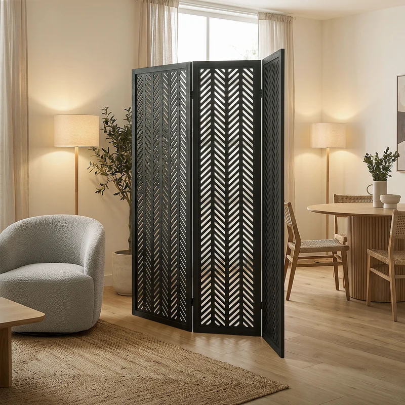 ML-Design | Paravent Kobe 3 teilig aus Holz 170x121 cm, Schwarz, Raumteiler faltbar, Trennwand für innen