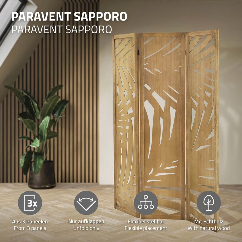ML-Design | Paravent Sapporo 3 teilig aus Holz 170x121 cm, Braun, Raumteiler faltbar, Trennwand für innen