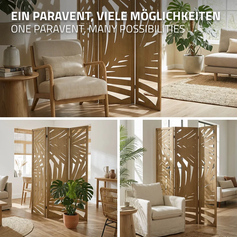 ML-Design | Paravent Sapporo 3 teilig aus Holz 170x121 cm, Braun, Raumteiler faltbar, Trennwand für innen