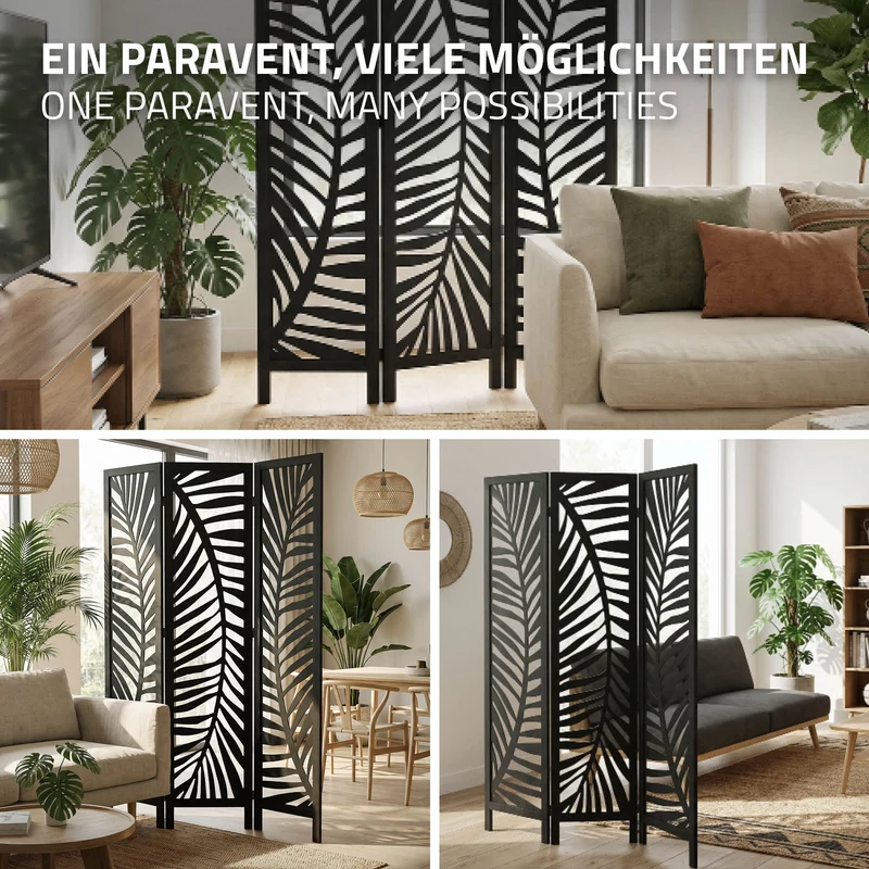 ML-Design | Paravent Fukuoka 3 teilig aus Holz 170x121 cm, Schwarz, Raumteiler faltbar, Trennwand für innen