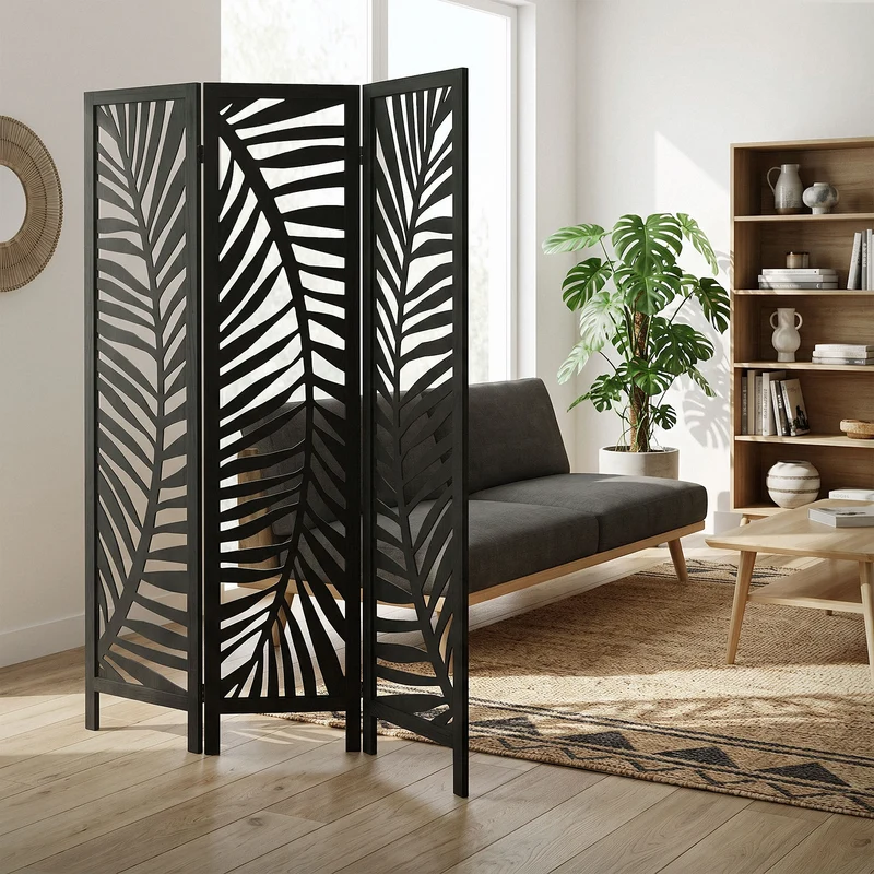 ML-Design | Paravent Fukuoka 3 teilig aus Holz 170x121 cm, Schwarz, Raumteiler faltbar, Trennwand für innen