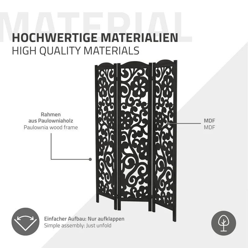 ML-Design | Paravent Yokohama 3 teilig aus Holz 172x121 cm, Schwarz, Raumteiler faltbar, Trennwand für innen