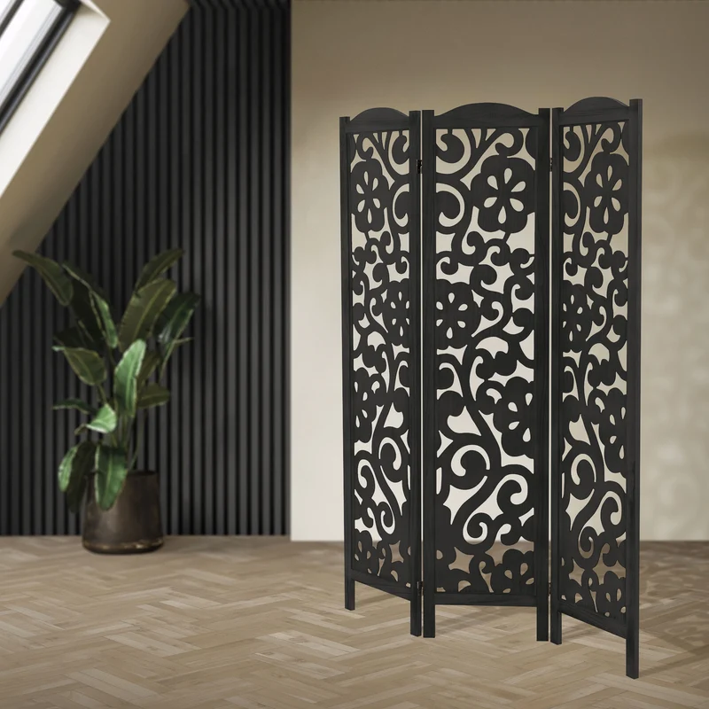 ML-Design | Paravent Yokohama 3 teilig aus Holz 172x121 cm, Schwarz, Raumteiler faltbar, Trennwand für innen