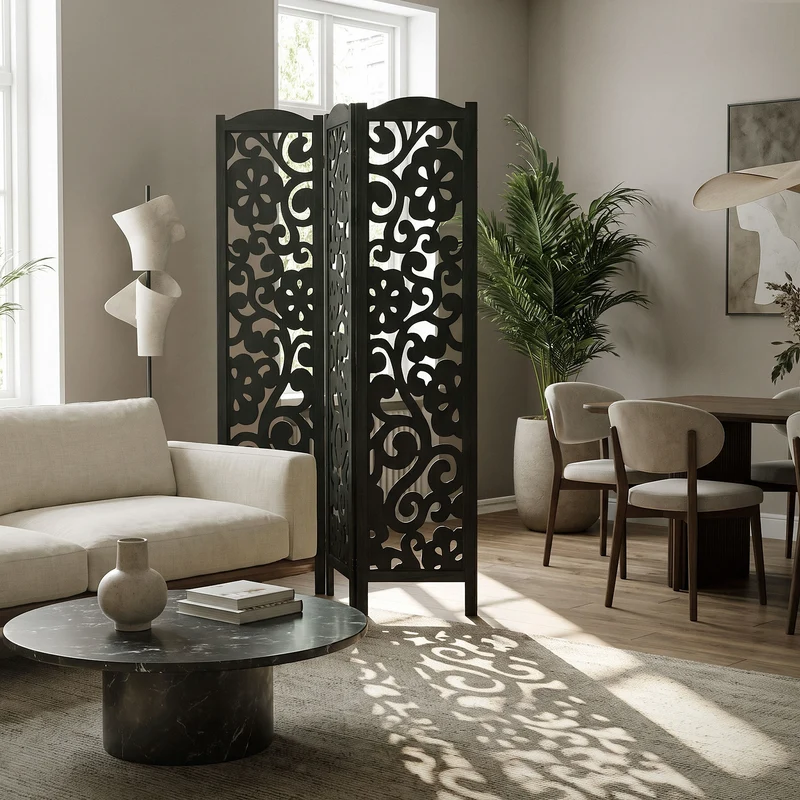 ML-Design | Paravent Yokohama 3 teilig aus Holz 172x121 cm, Schwarz, Raumteiler faltbar, Trennwand für innen
