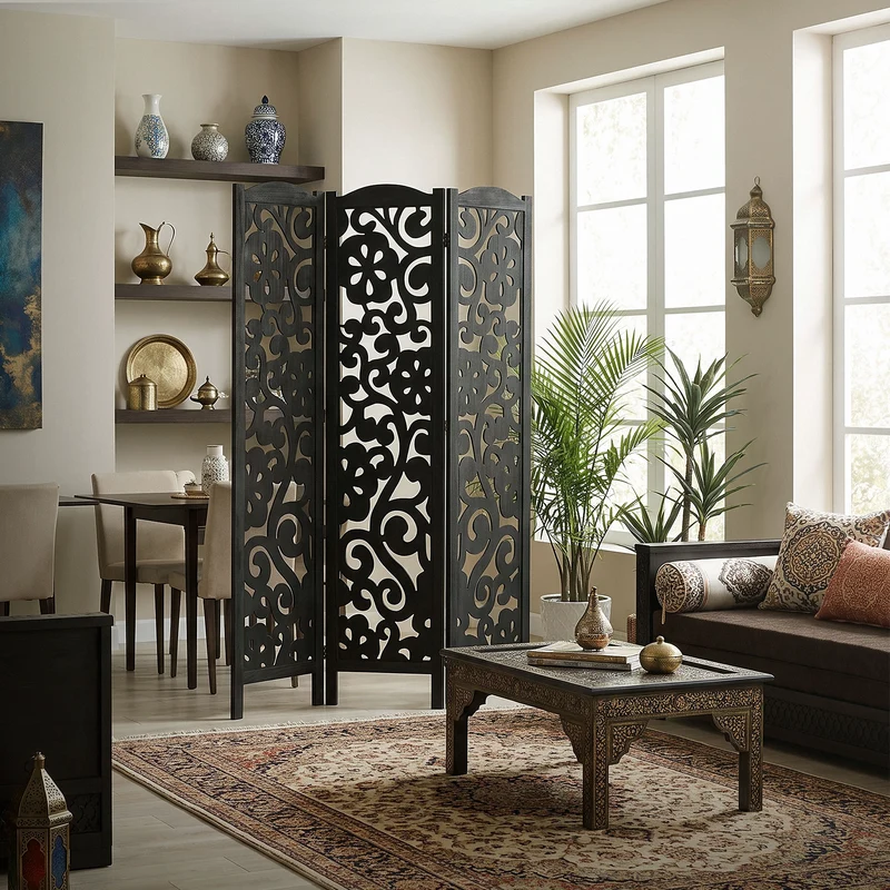 ML-Design | Paravent Yokohama 3 teilig aus Holz 172x121 cm, Schwarz, Raumteiler faltbar, Trennwand für innen