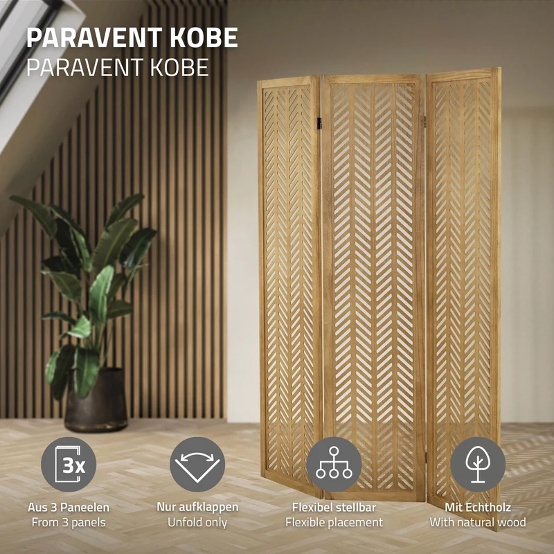 ML-Design | Paravent Kobe 3 teilig aus Holz 170x121 cm, Braun, Raumteiler faltbar, Trennwand für innen