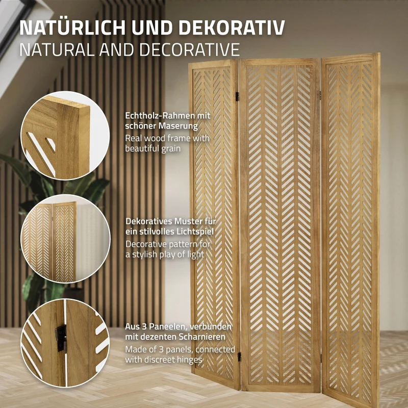 ML-Design | Paravent Kobe 3 teilig aus Holz 170x121 cm, Braun, Raumteiler faltbar, Trennwand für innen