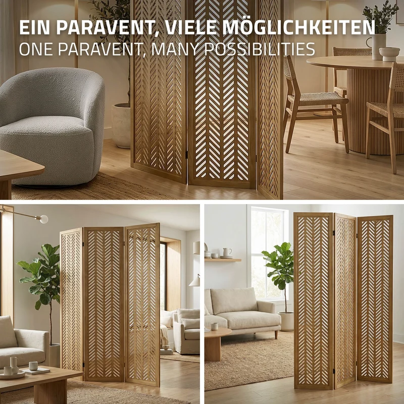 ML-Design | Paravent Kobe 3 teilig aus Holz 170x121 cm, Braun, Raumteiler faltbar, Trennwand für innen