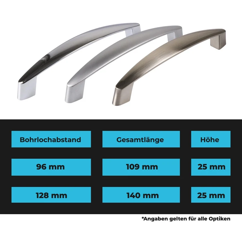 Möbelgriff Metall Bogengriff in Edelstahl Optik, Chrom glänzend & matt