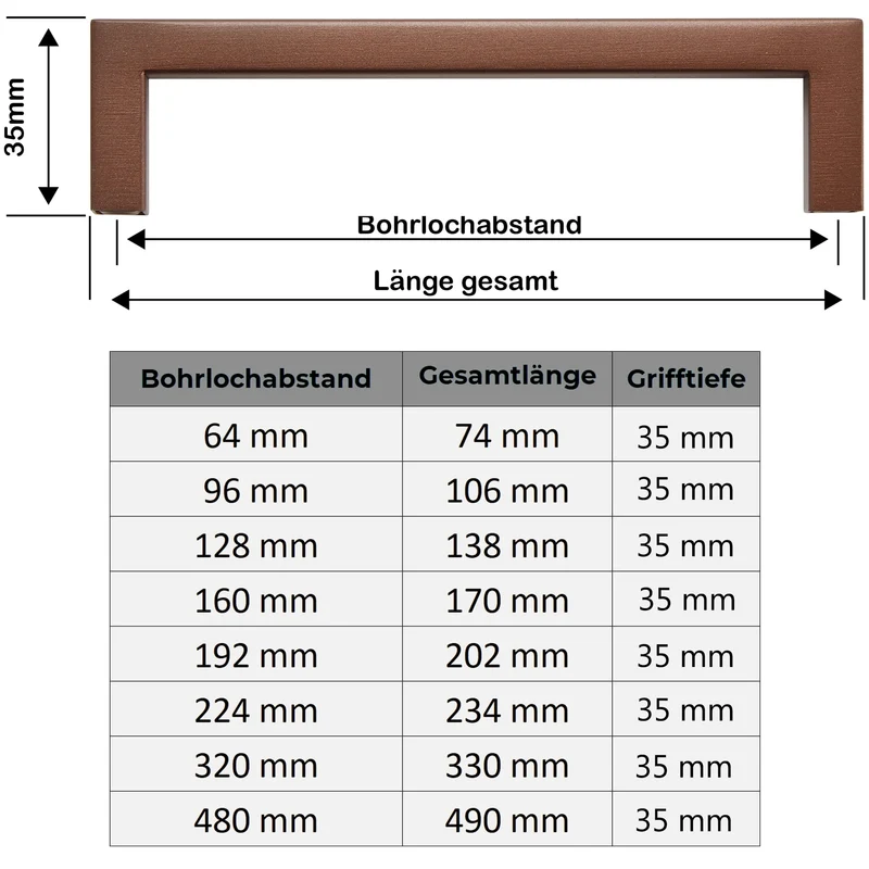 Möbelgriff aus Edelstahl quadratisch Braun 10x10mm Profil