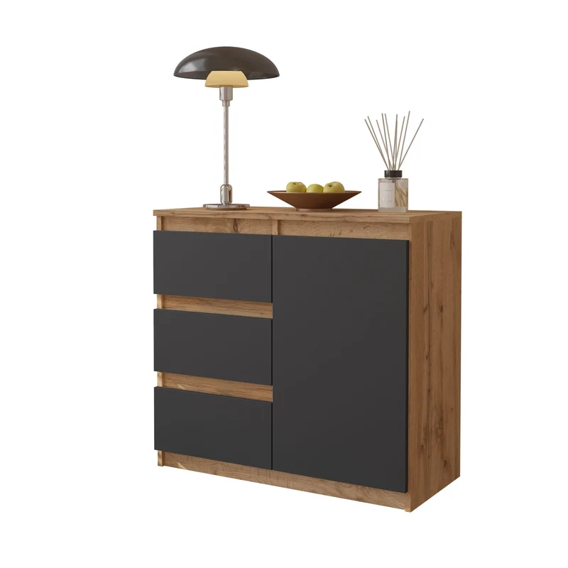 MIKEL - Kommode / Sideboard mit 3 Schubladen und 1 Tür - Wotan Eiche / Anthrazit Grau H75cm B80cm T35cm