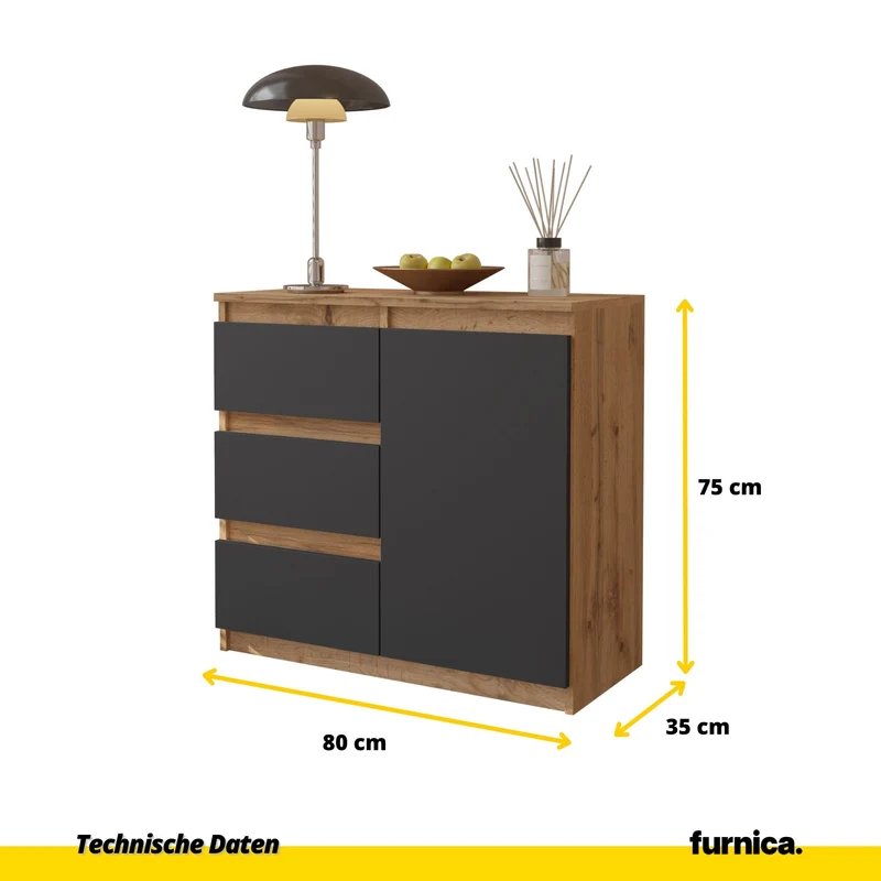 MIKEL - Kommode / Sideboard mit 3 Schubladen und 1 Tür - Wotan Eiche / Anthrazit Grau H75cm B80cm T35cm