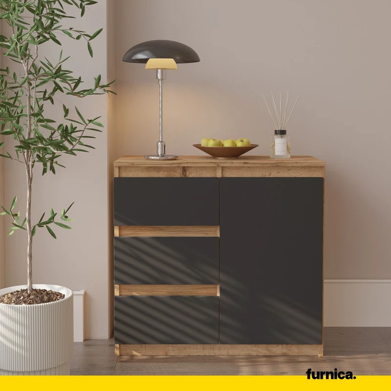 MIKEL - Kommode / Sideboard mit 3 Schubladen und 1 Tür - Wotan Eiche / Anthrazit Grau H75cm B80cm T35cm