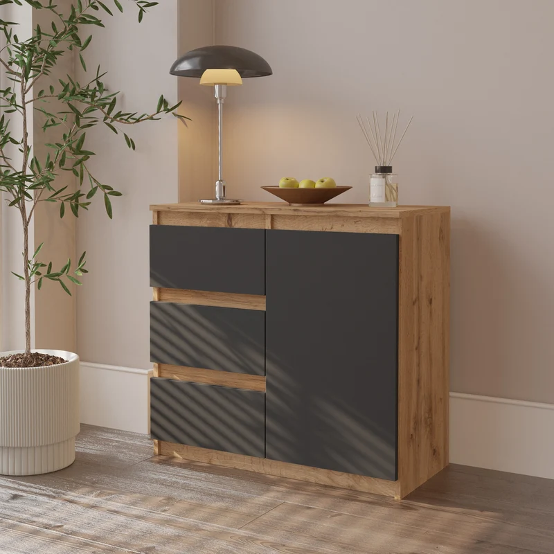 MIKEL - Kommode / Sideboard mit 3 Schubladen und 1 Tür - Wotan Eiche / Anthrazit Grau H75cm B80cm T35cm