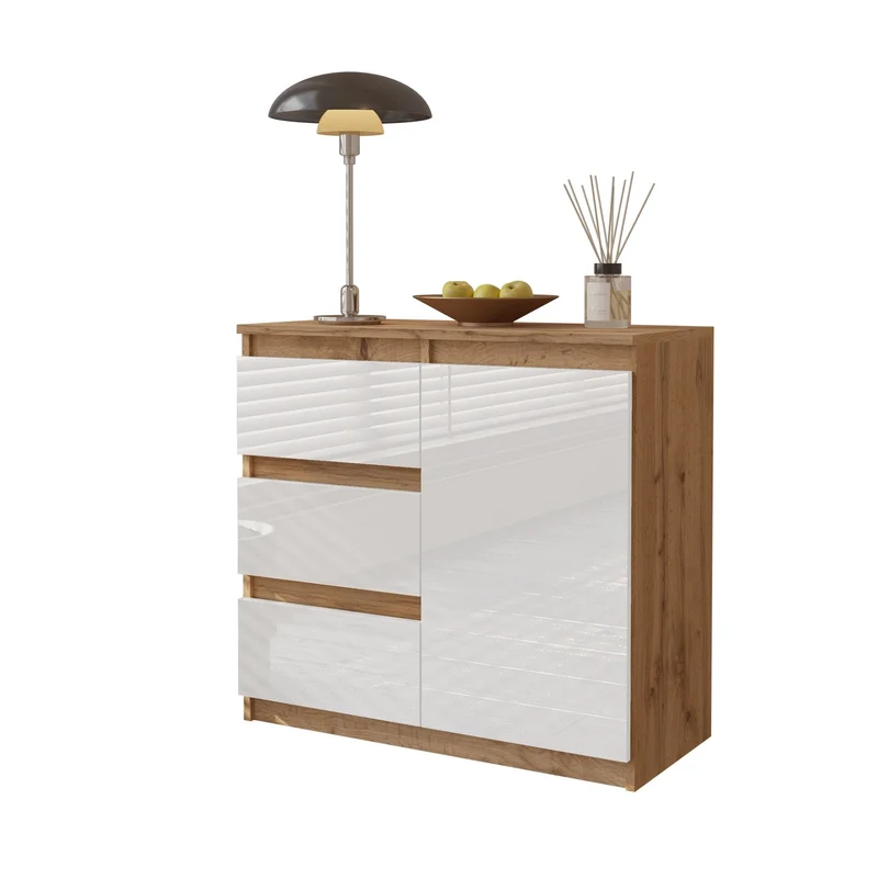 MIKEL - Kommode / Sideboard mit 3 Schubladen und 1 Tür - Wotan Eiche / Weiß Gloss H75cm B80cm T35cm