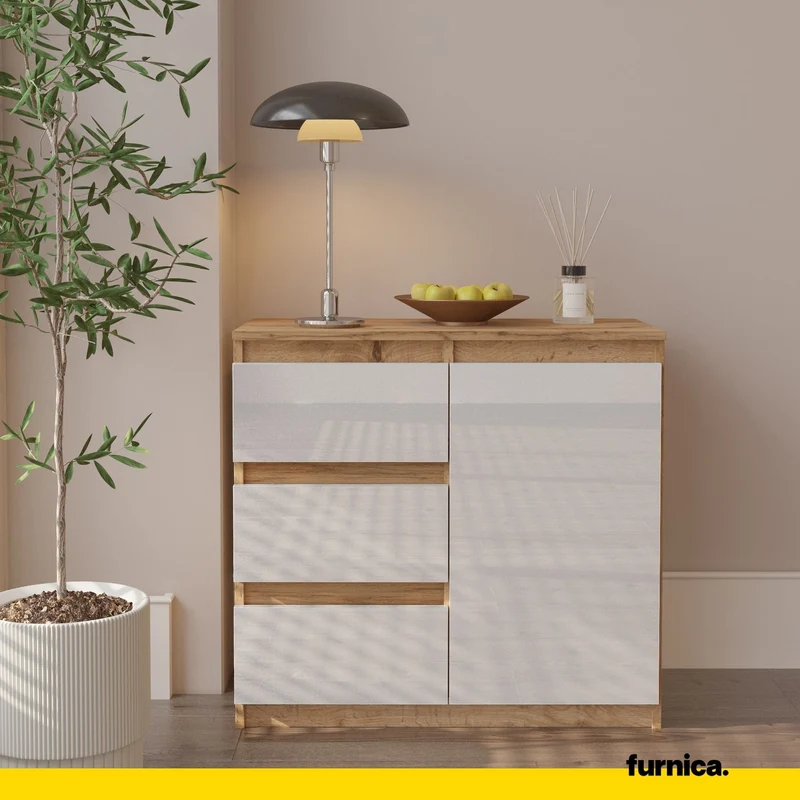 MIKEL - Kommode / Sideboard mit 3 Schubladen und 1 Tür - Wotan Eiche / Weiß Gloss H75cm B80cm T35cm