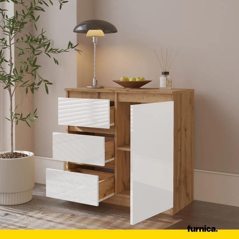 MIKEL - Kommode / Sideboard mit 3 Schubladen und 1 Tür - Wotan Eiche / Weiß Gloss H75cm B80cm T35cm