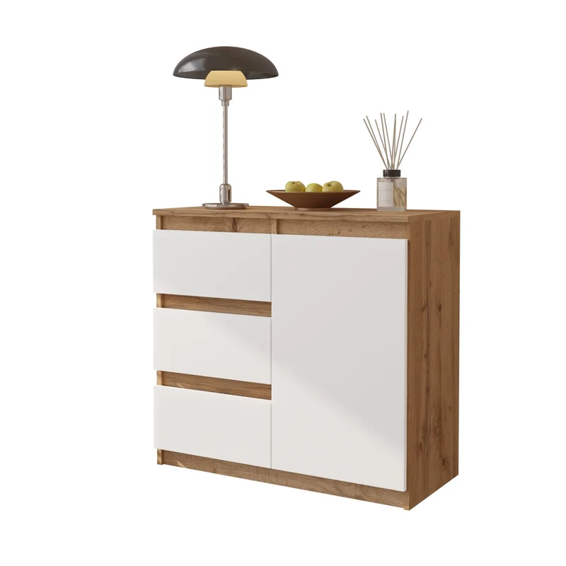 MIKEL - Kommode / Sideboard mit 3 Schubladen und 1 Tür - Wotan Eiche / Weiß Matt H75cm B80cm T35cm