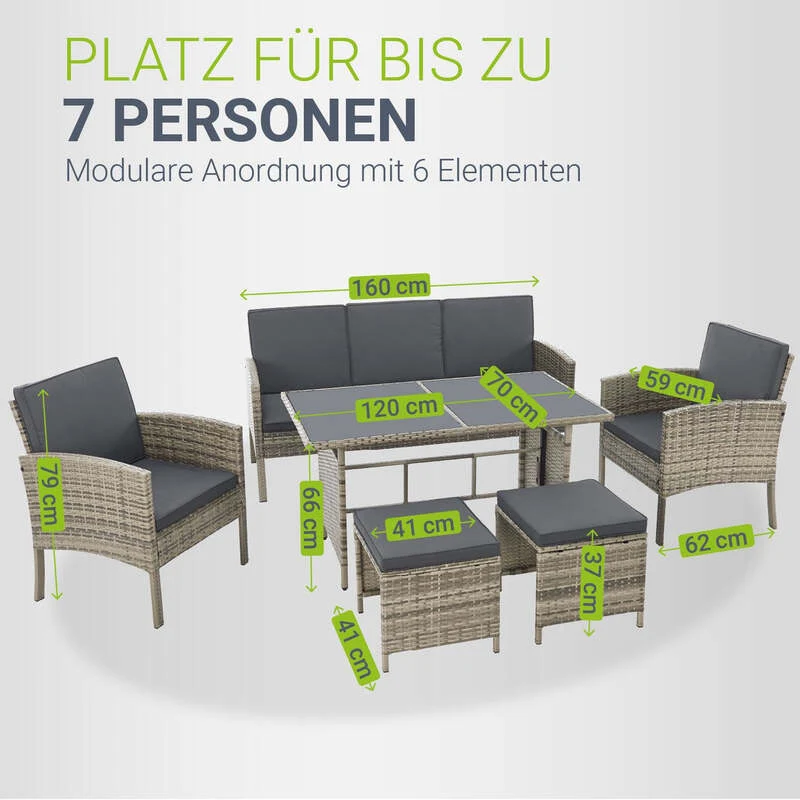 B-Ware Rattan Sitzgruppe Turin Polyrattan Gartenmöbel Set für 7 Personen mit Kissen