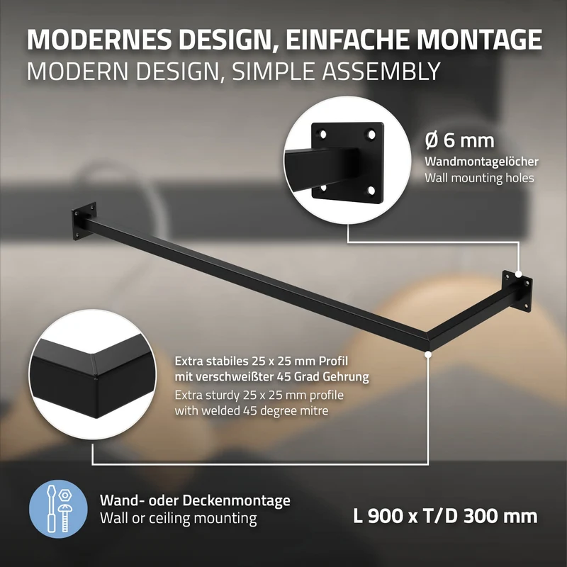 Kleiderstange Ecke Garderobe Wandmontage Schwarz aus Stahl ML-Design